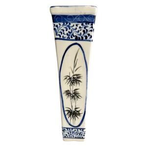 Hand Painted Vintage Asian White Blue Vase Bamboo Greenery